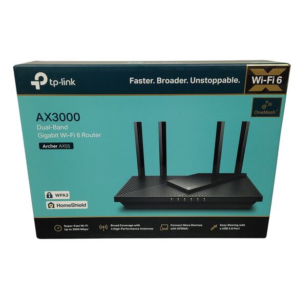 TP-Link Archer AX55 AX3000 Dual Band Gigabit Wi-Fi 6 Router Black EUC In Box - Picture 1 of 16